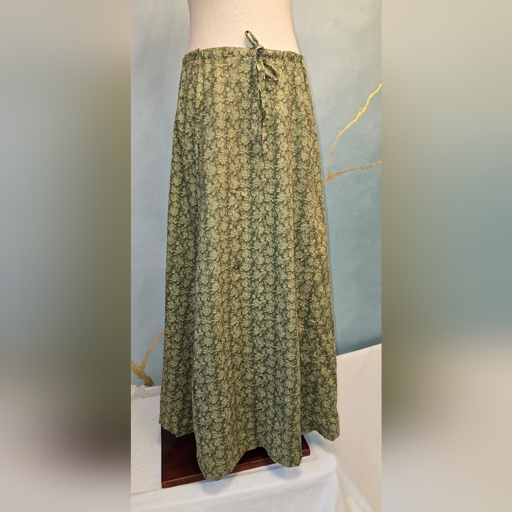 Green Floral Maxi Skirt - Lightweight Tie Waist